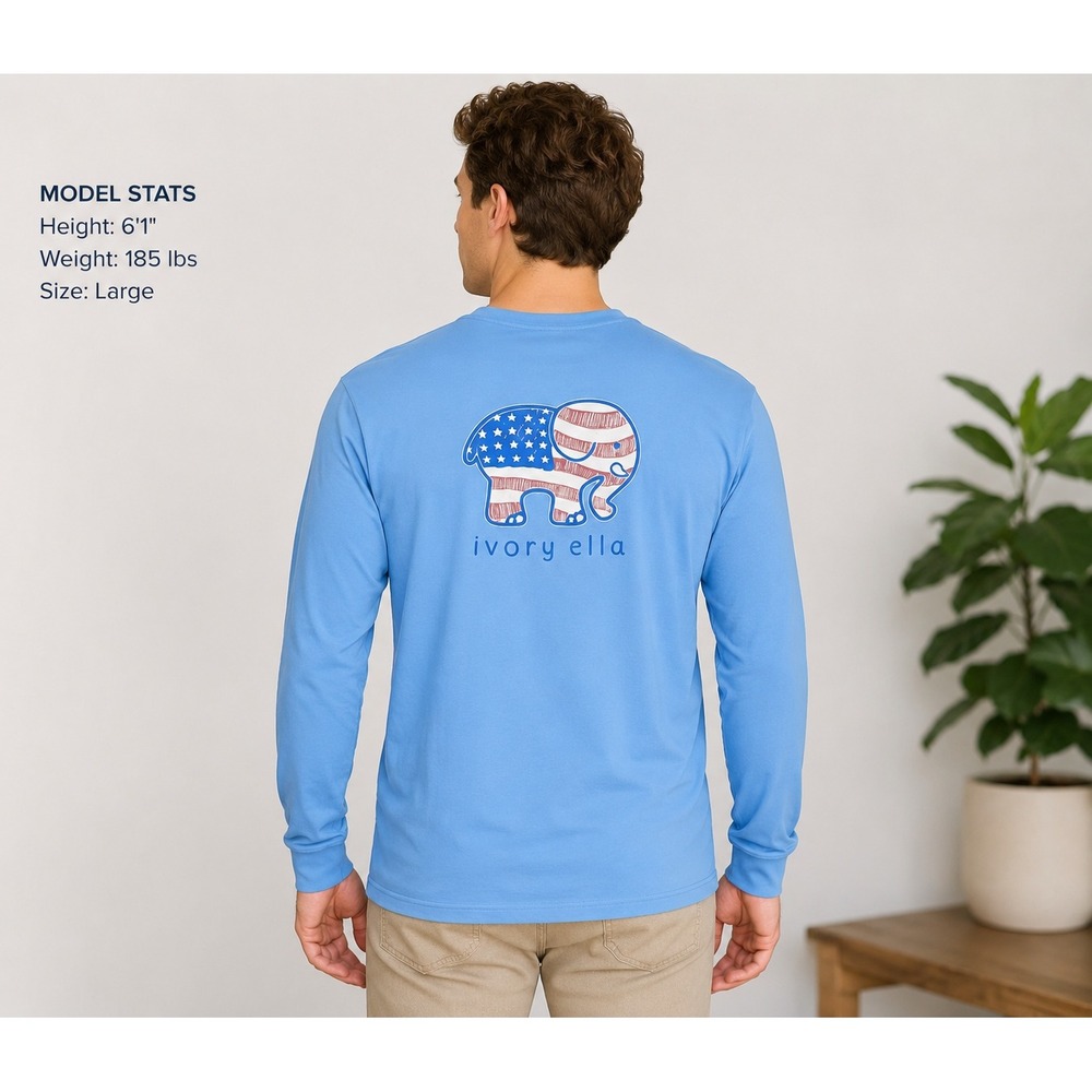Ivory Ella Mens Large Blue Long Sleeve Patriotic American Flag Elephant Tee